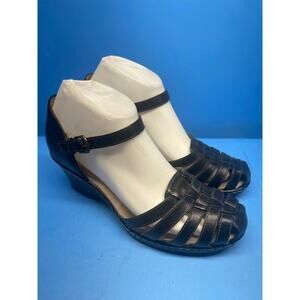 Softspots Black Leather Strappy Sandals Heels Womens 8.5 M Boho Chic